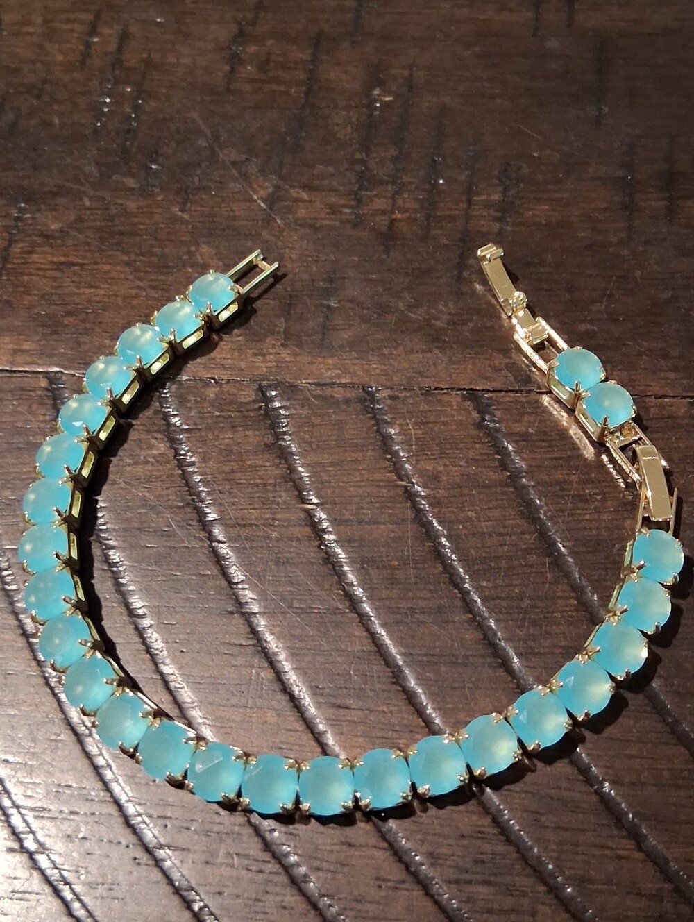 Gold Tennis Bracelet with Iced Light Aqua Blue Stones - Picture 4 of 4